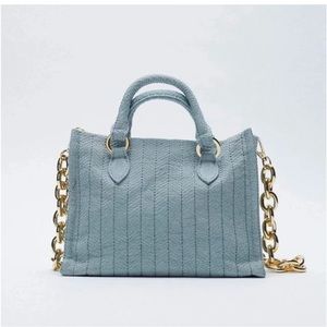 Zara Denim Top Handle Gold Chain Small Tote - NWT